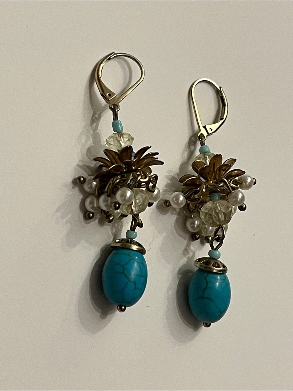 Talbots Turquoise Cluster Drop Earrings with Faux Pearls and Crystal Beads - Picture 4 of 12